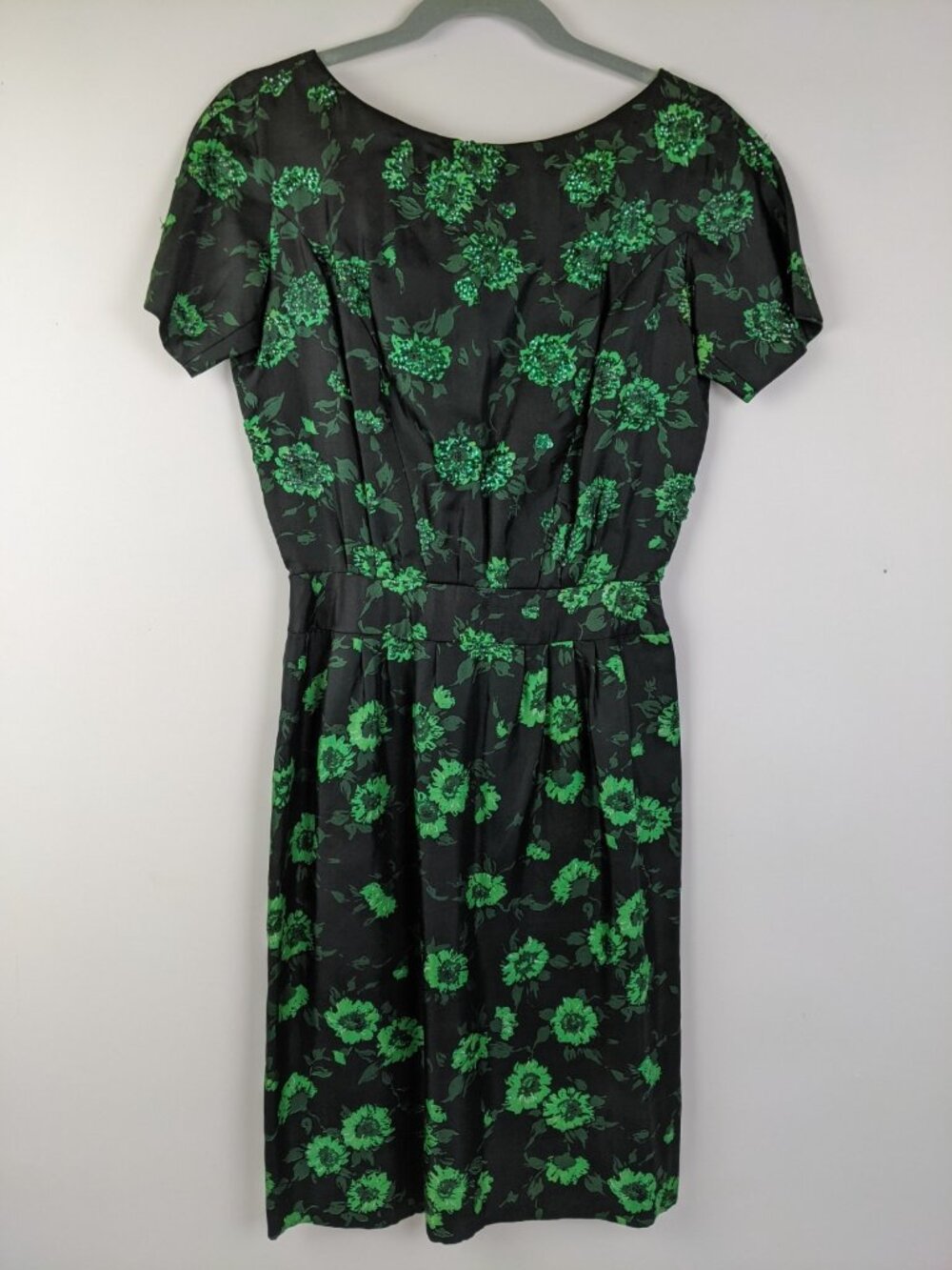 Vintage 50s 60s Handmade Metal Zip Sheath Dress Size XS Green Floral Spring